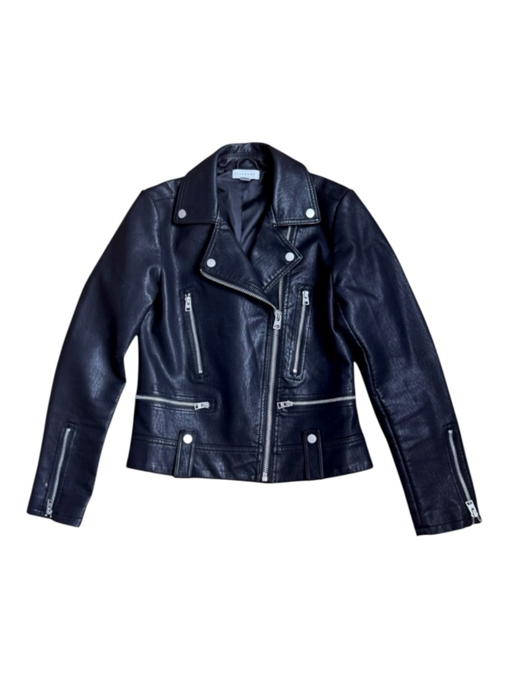 Topshop Black Vegan Leather Jacket US Sz 4 w/ Silver Accents Moto Motorcycle EUC
